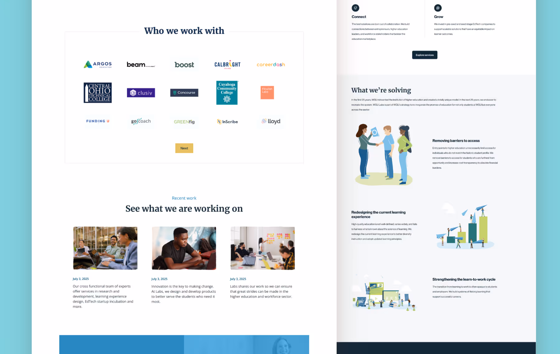 Website screens show logos of companies WGU Labs works with, explain the problems they're solving, and case studies of current projects